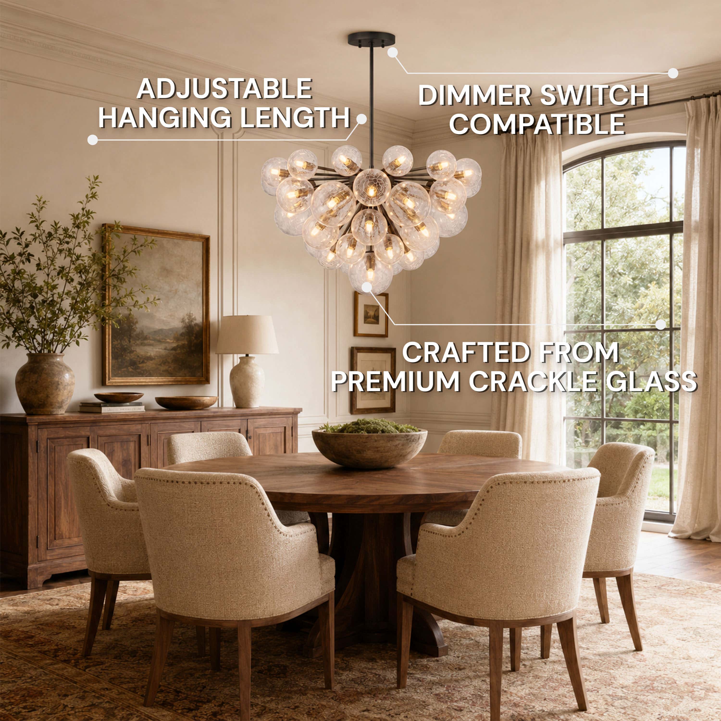 Elowen Crackled Glass Cluster Round Chandelier 24" 35"D