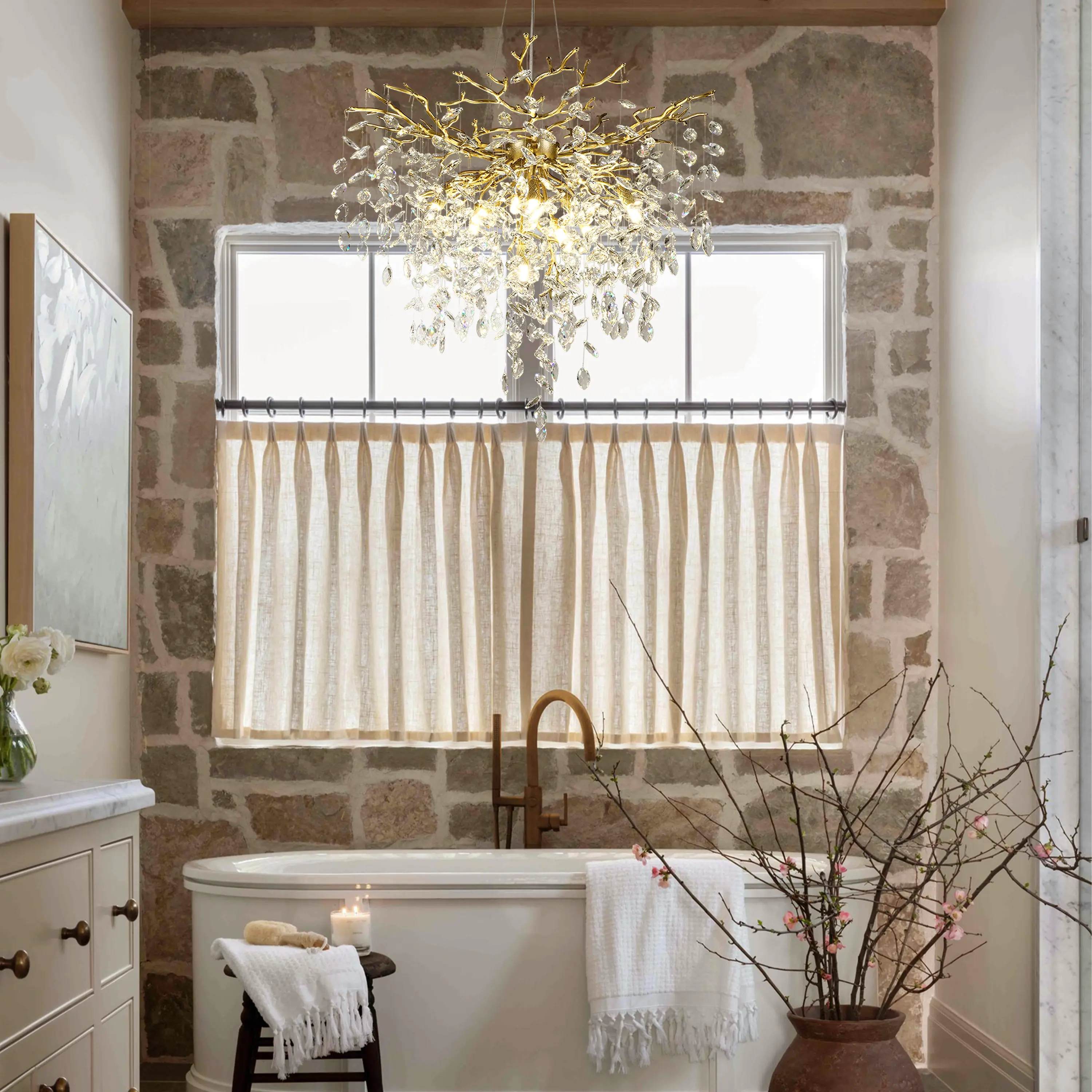 Frostleaf Crystal Grand Cascade Branches Chandelier 32"D#Finish_Gold