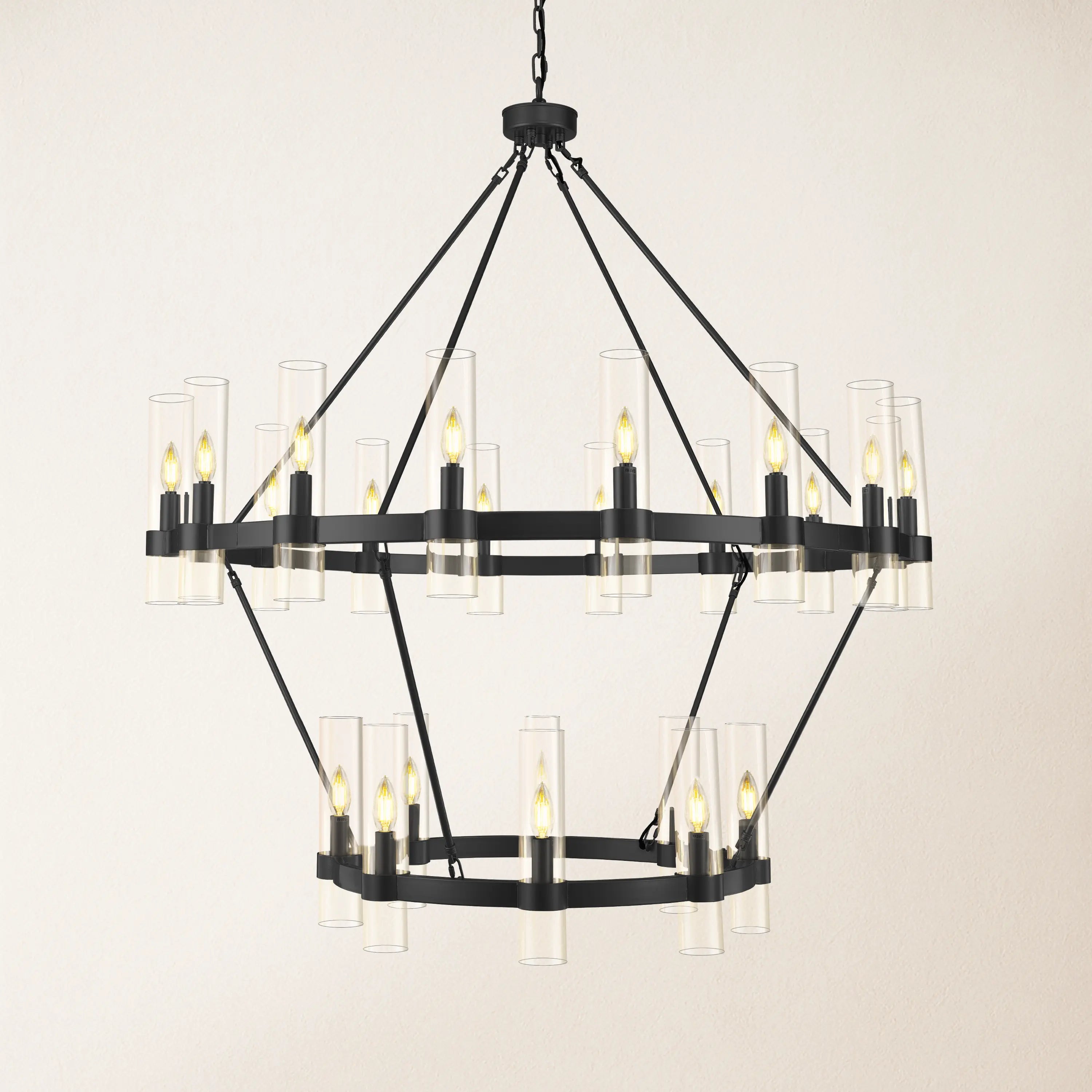 Cylora Glass Tube 2-Tier Round Chandelier 48"D#Finish_Black