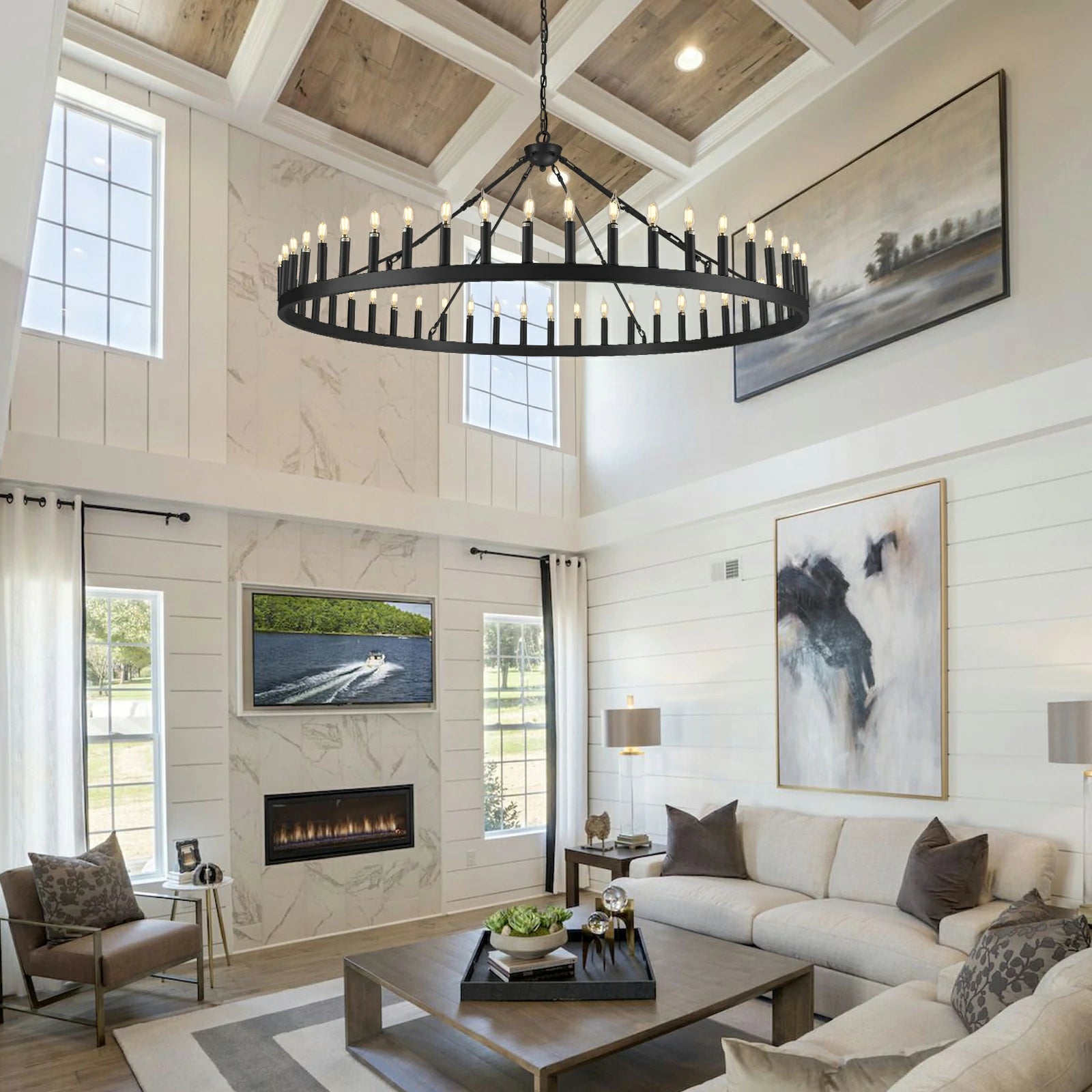 Wagon Wheel Candle Round Chandelier 64"