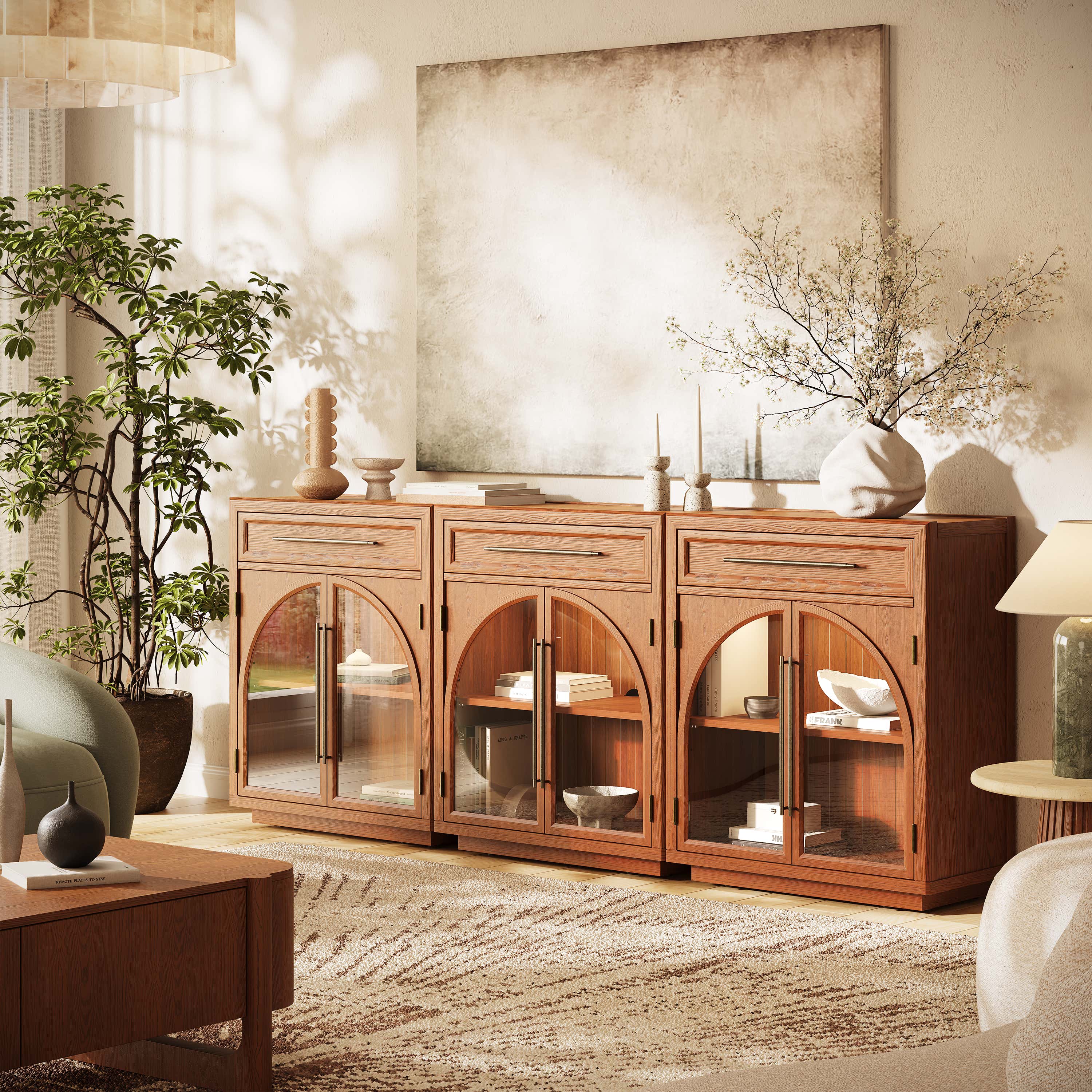 Alvar Arched 94.5" Oak Sideboard with Drawers(Set of 3)