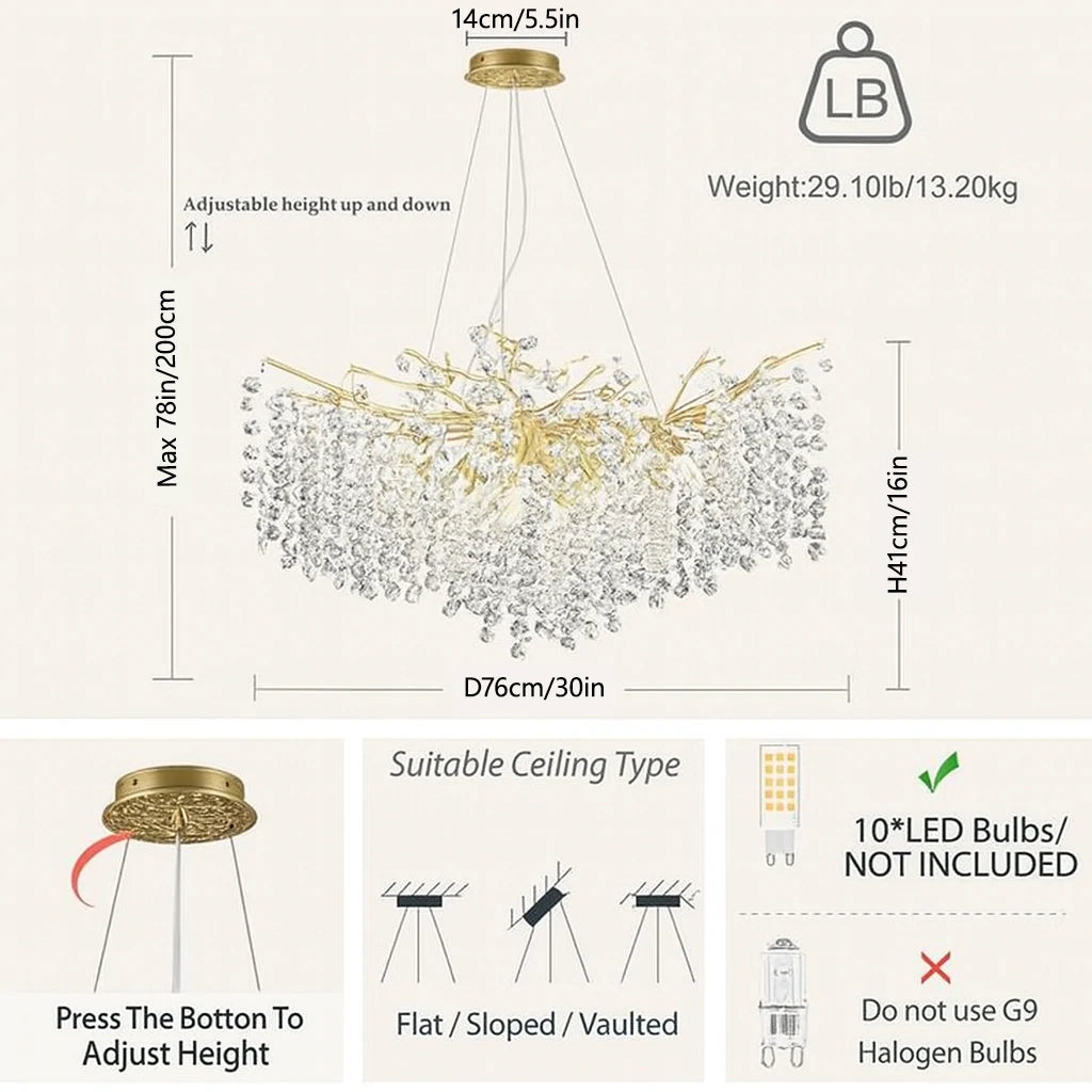 Lustre Branches Crystal Round Chandelier for All Rooms 30"D