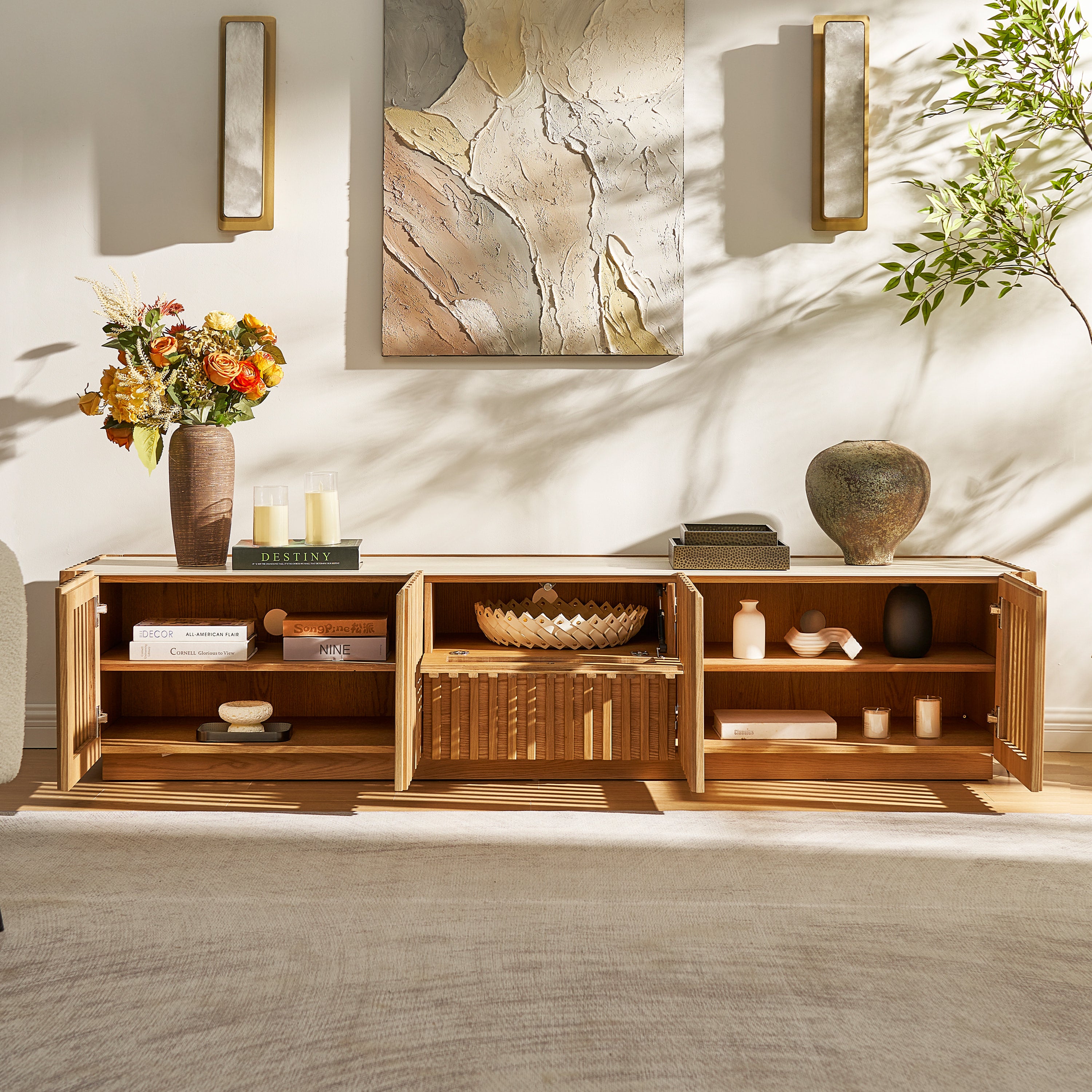 Isla Oak Sintered Stone Media Console And Coffee Table Set