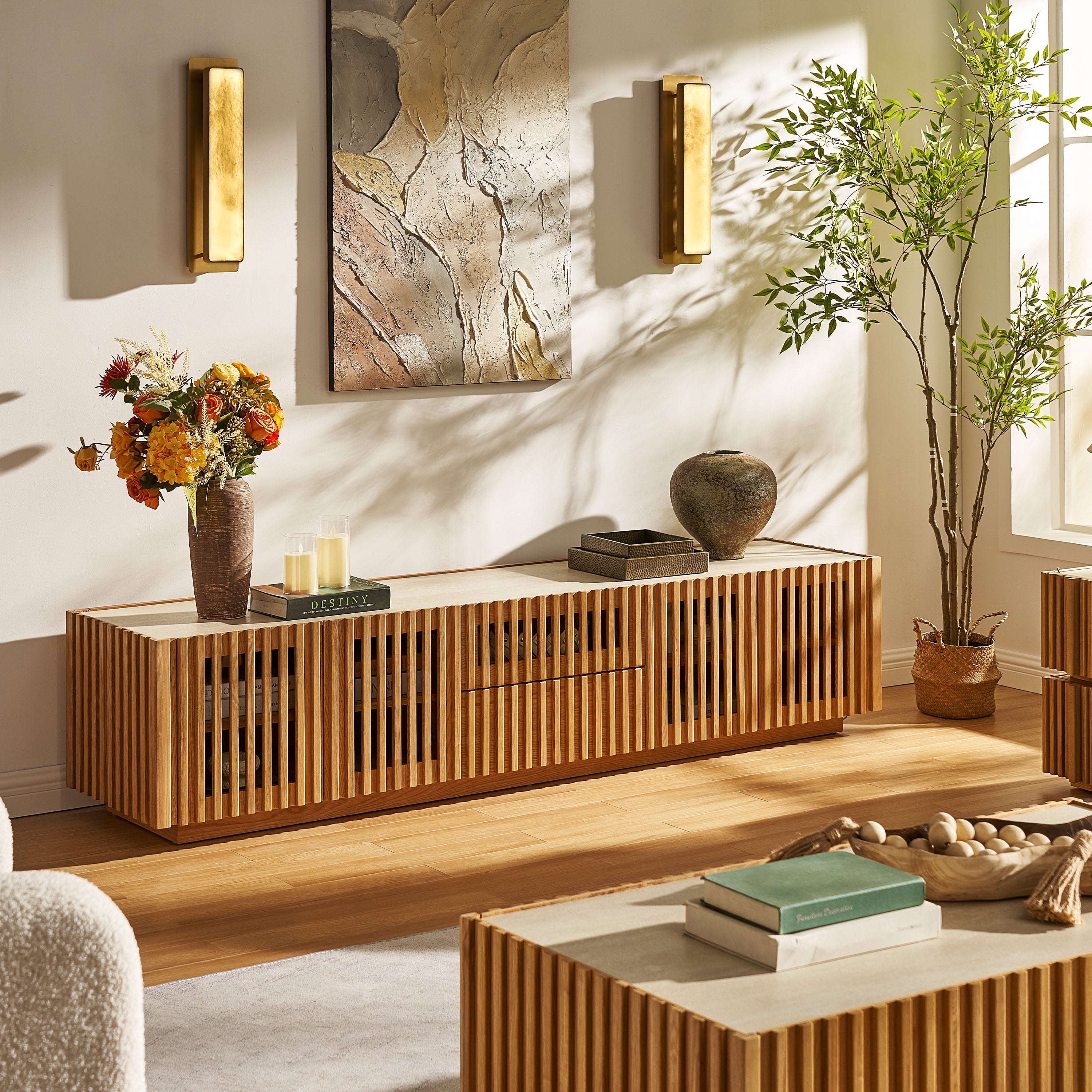 Isla Oak Media Console And Coffee Table Set
