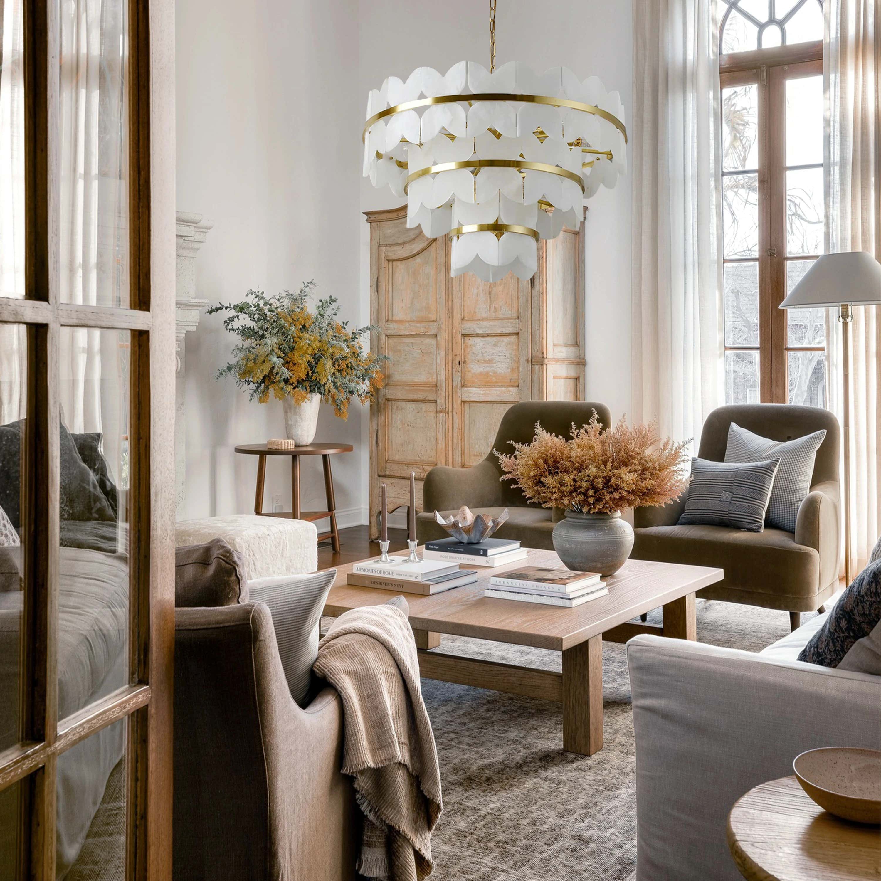 Cloudscape Alabaster Brass 3-Layer Chandelier 32"D