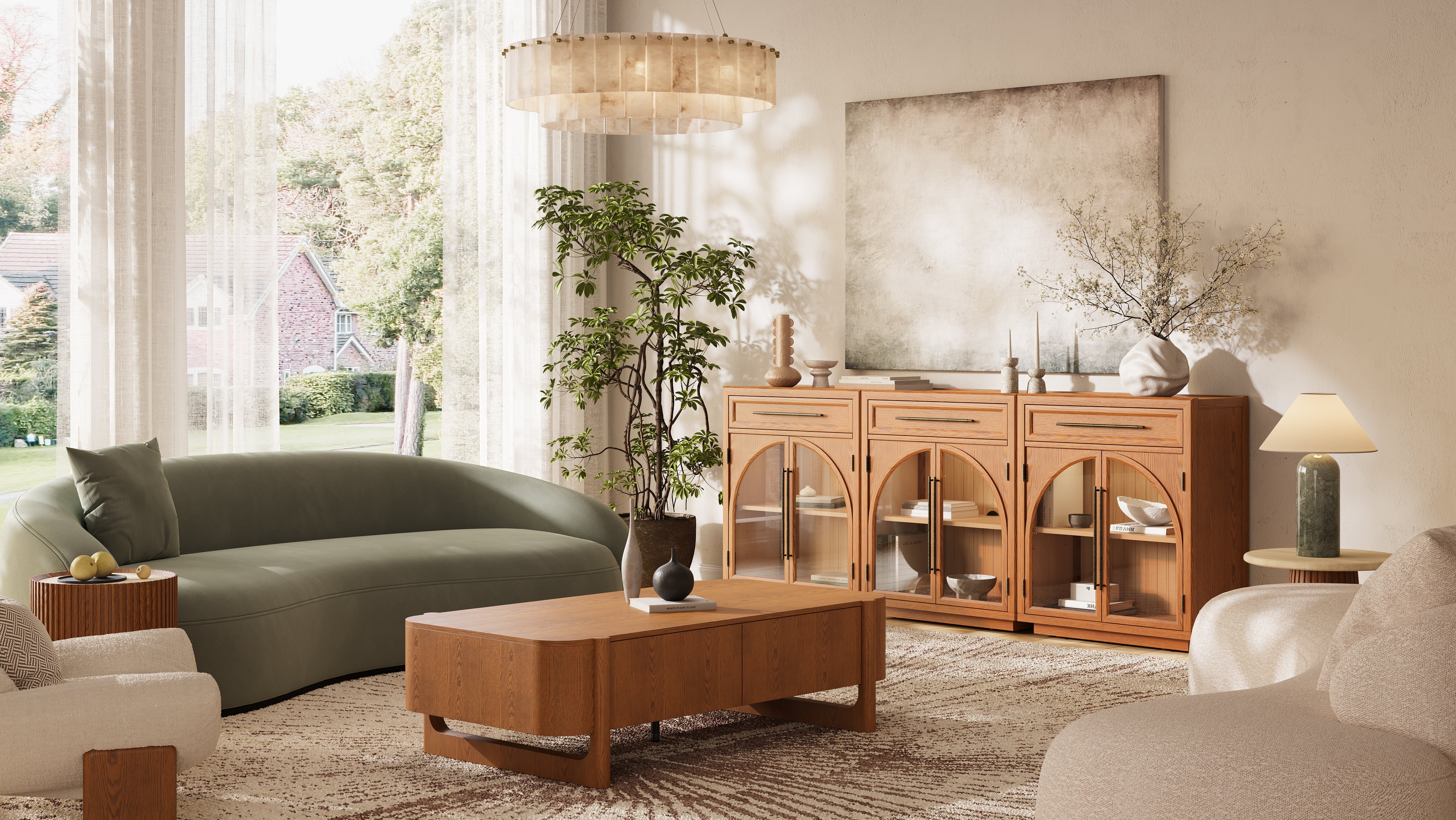 Alvar Arched 96" Oak Sideboard with Drawers(Set of 3)