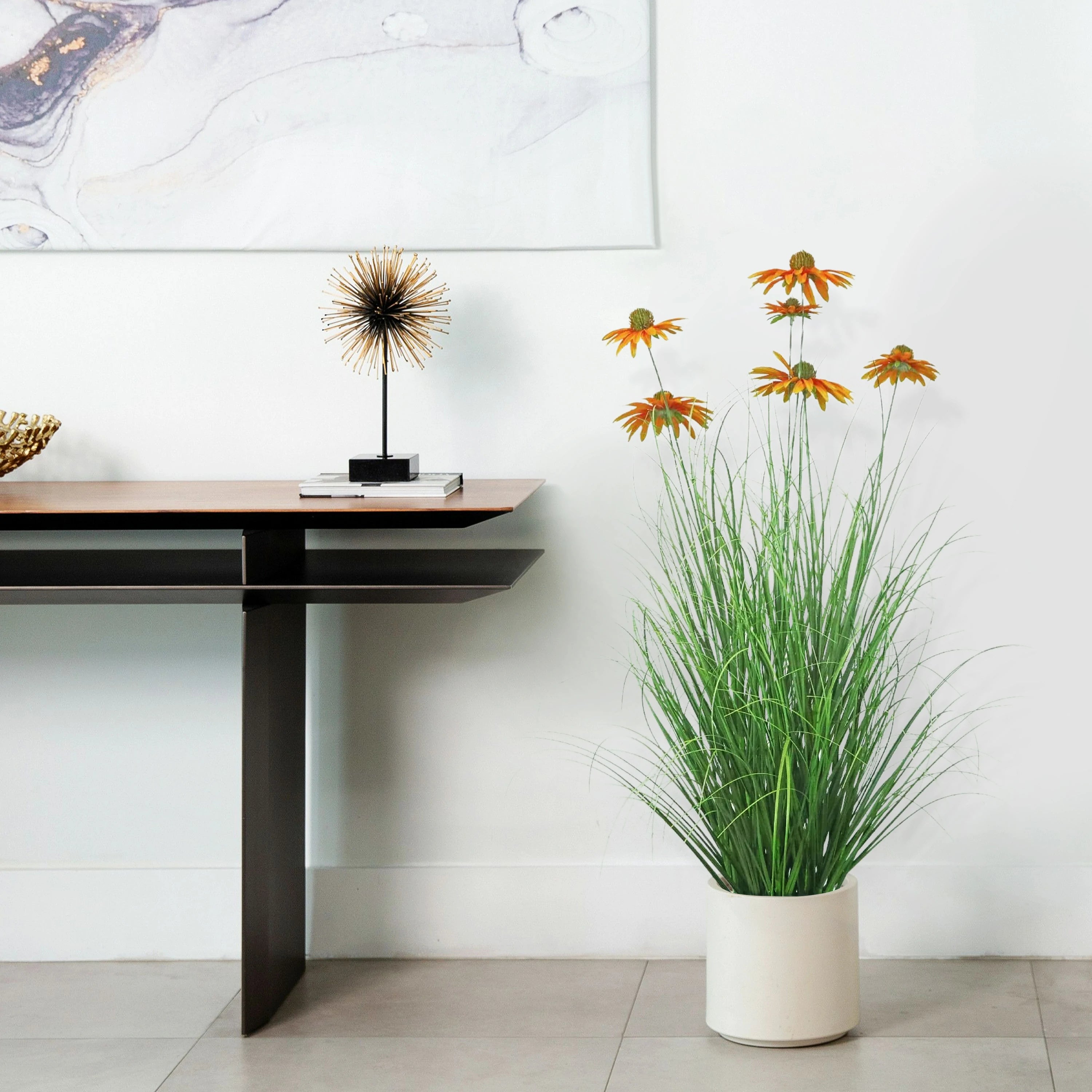 Artificial 6-Head Chrysanthemum with Curved Onion Grass Bonsai 110cm H