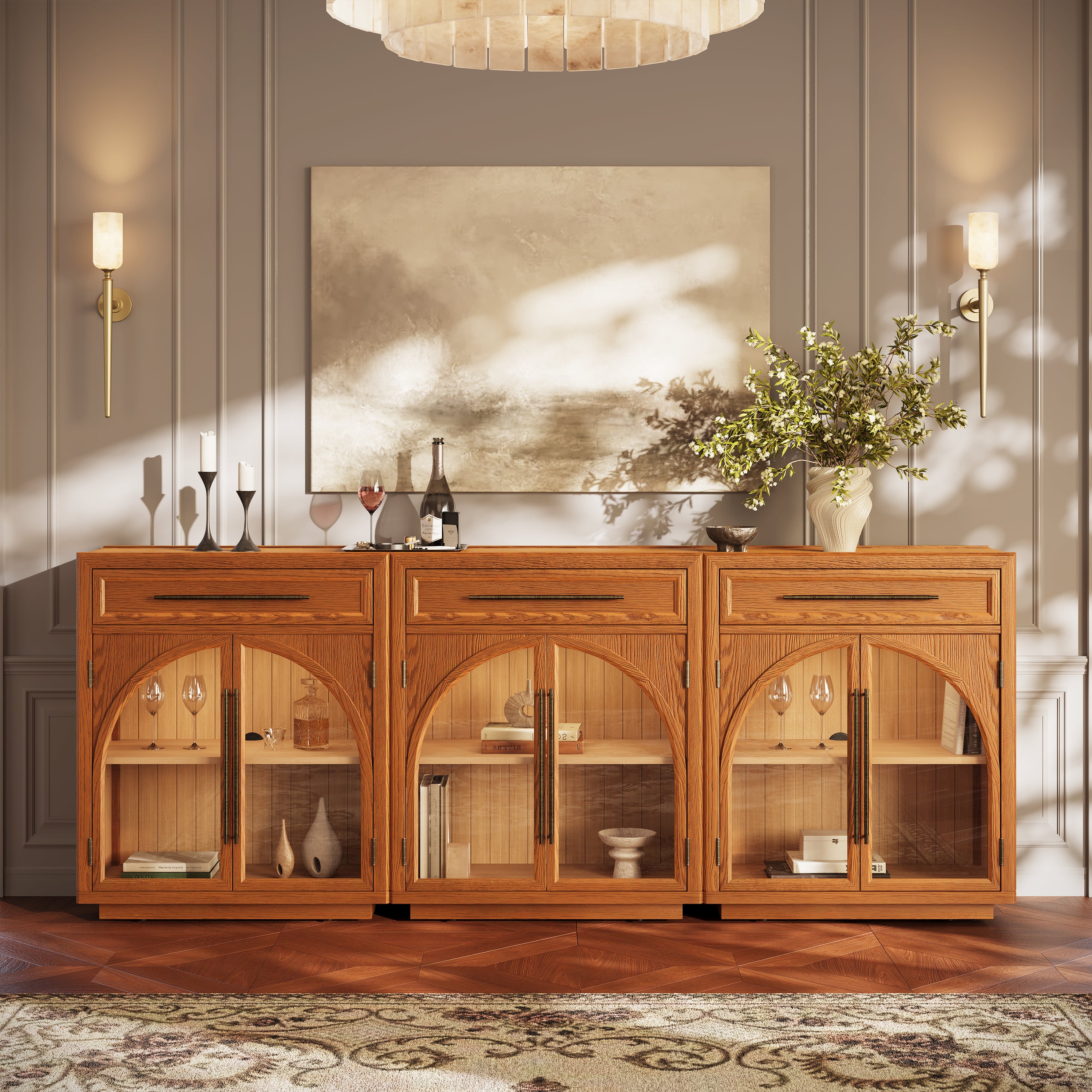 Alvar Arched 96" Oak Sideboard with Drawers(Set of 3)