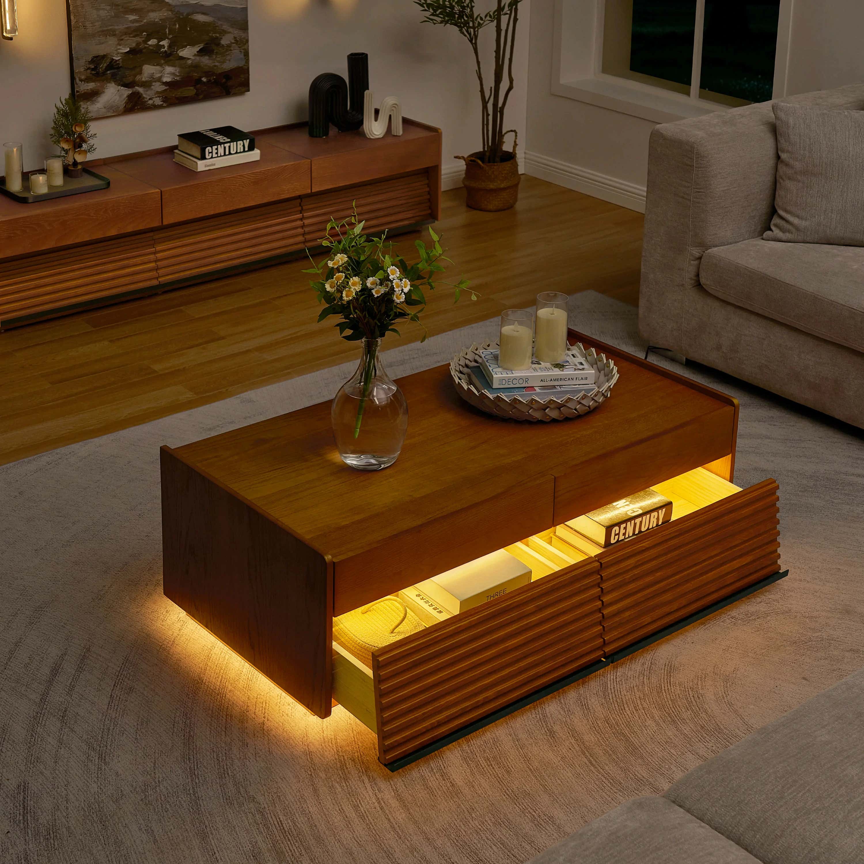 Devon Oak Media Console  And Coffee Table Set