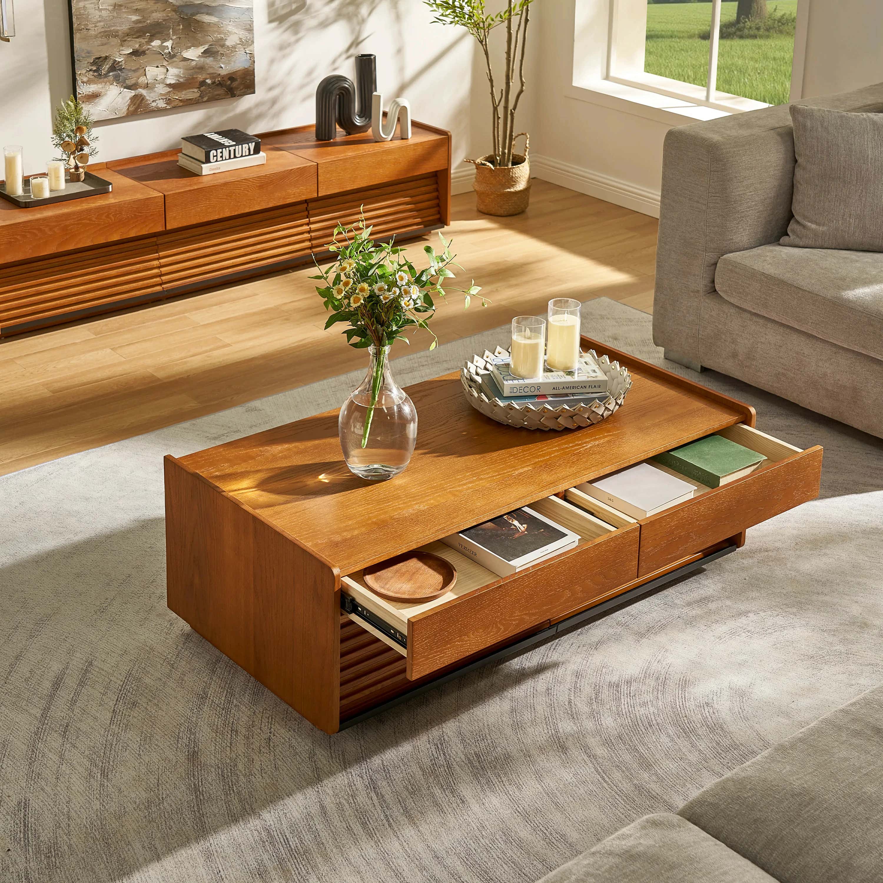 Devon Oak Media Console  And Coffee Table Set