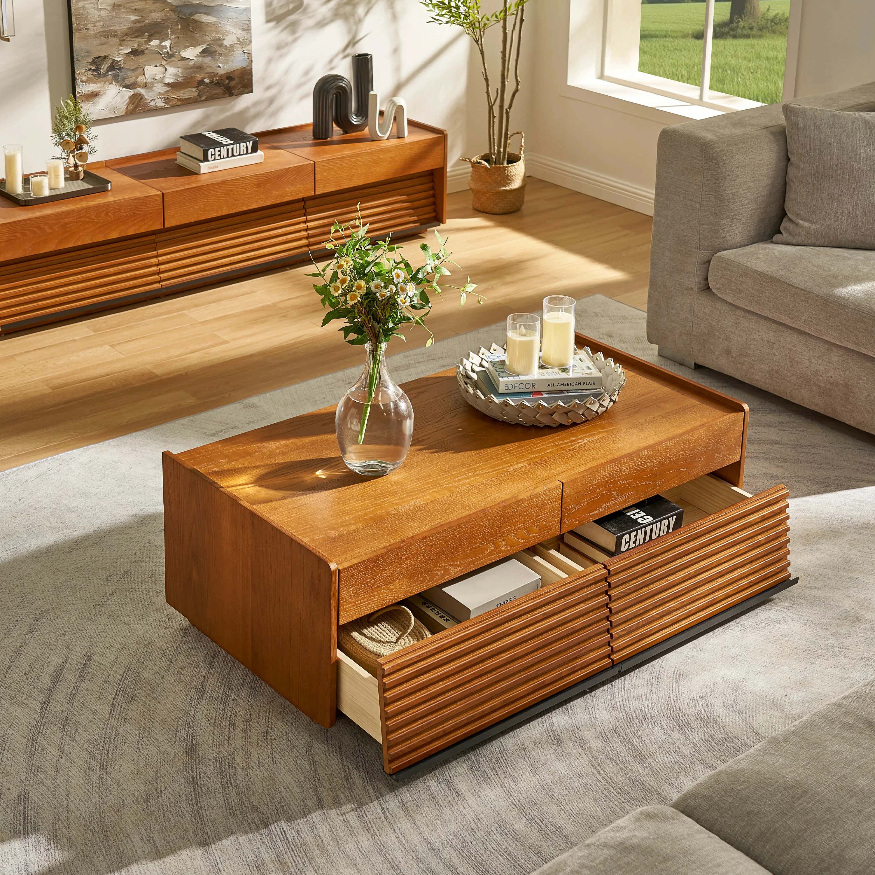 Devon Oak Media Console  And Coffee Table Set