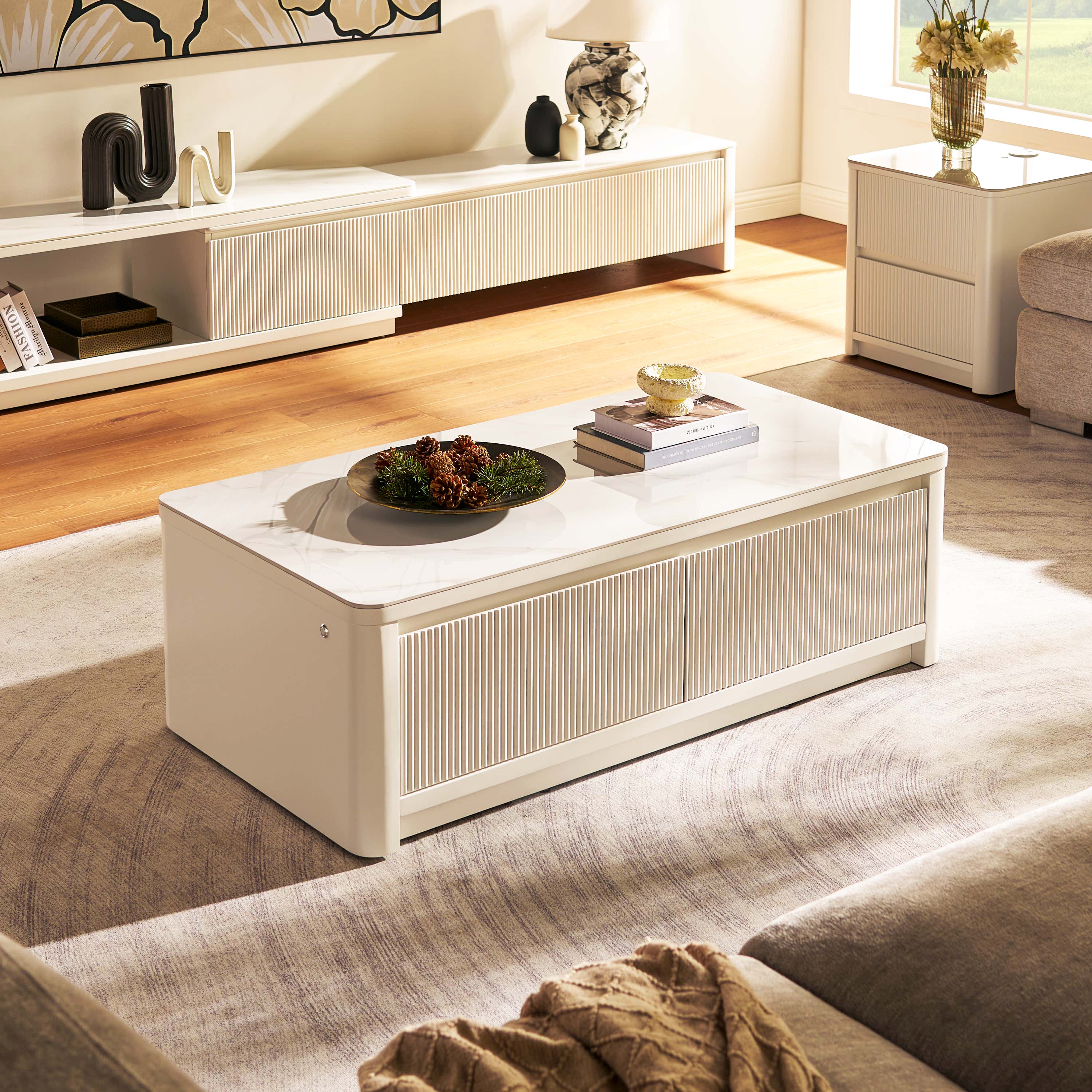 Celia Burnt Stone Media Console And Coffee Table Set