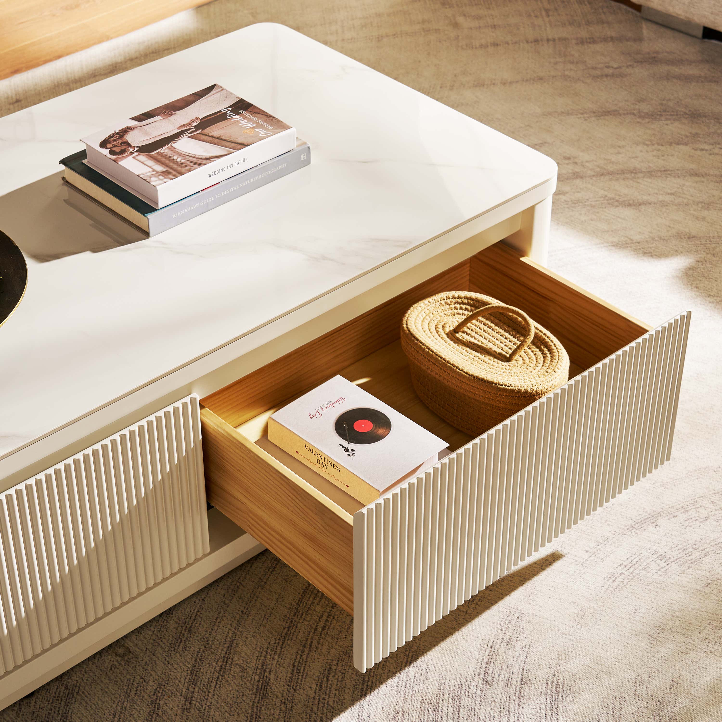 Celia Burnt Stone Media Console And Coffee Table Set