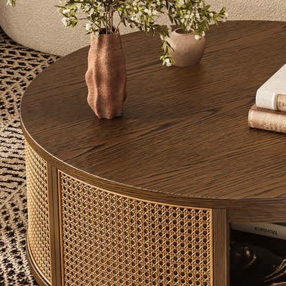 Harlow Round Oak & Rattan Drum Coffee Table