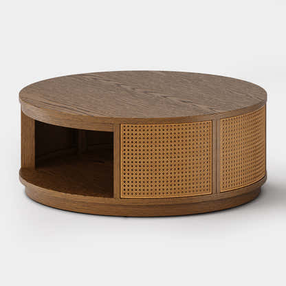 Harlow Round Oak & Rattan Drum Coffee Table