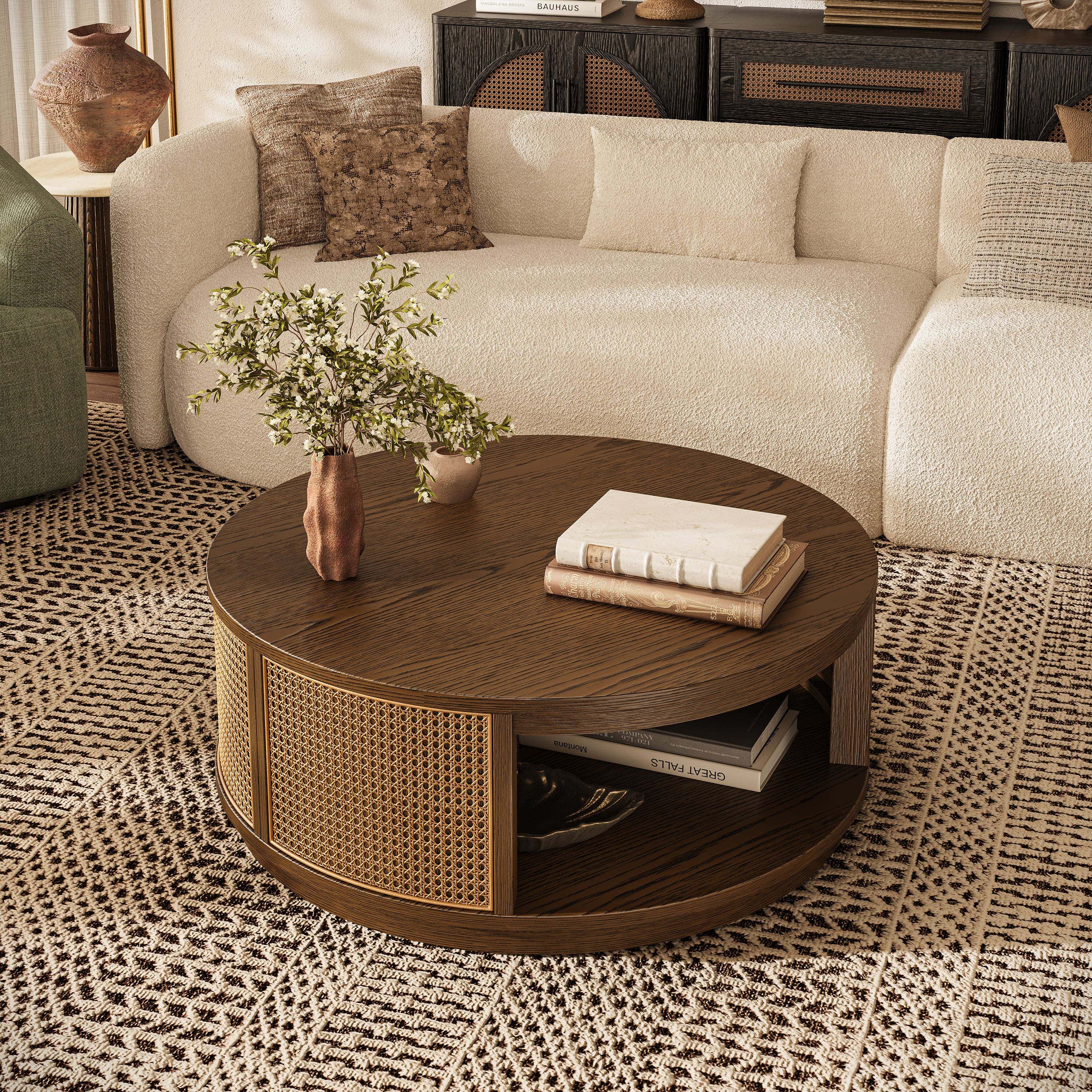 Harlow Round Oak & Rattan Drum Coffee Table