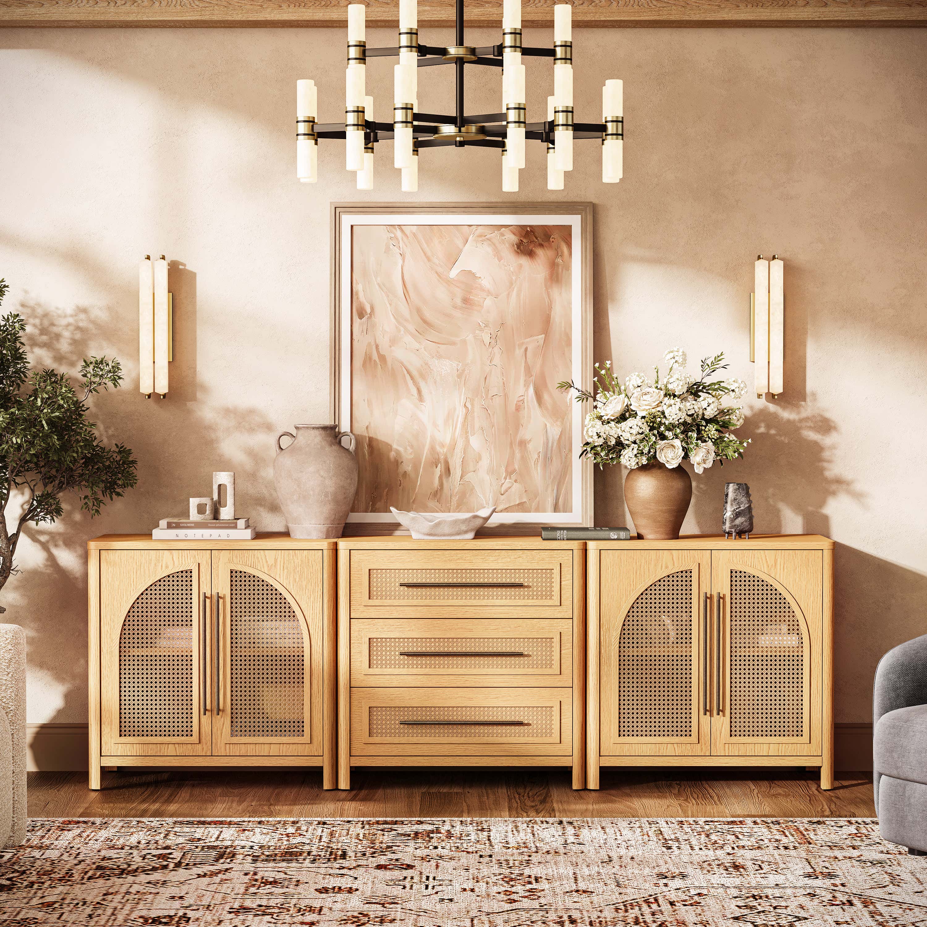 Arden Cane 94.5″ Oak Modular Media Console(Set of 3)