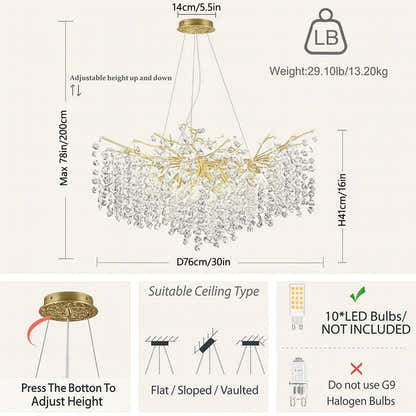 Lustre Branches Crystal Round Chandelier for All Rooms 30"D