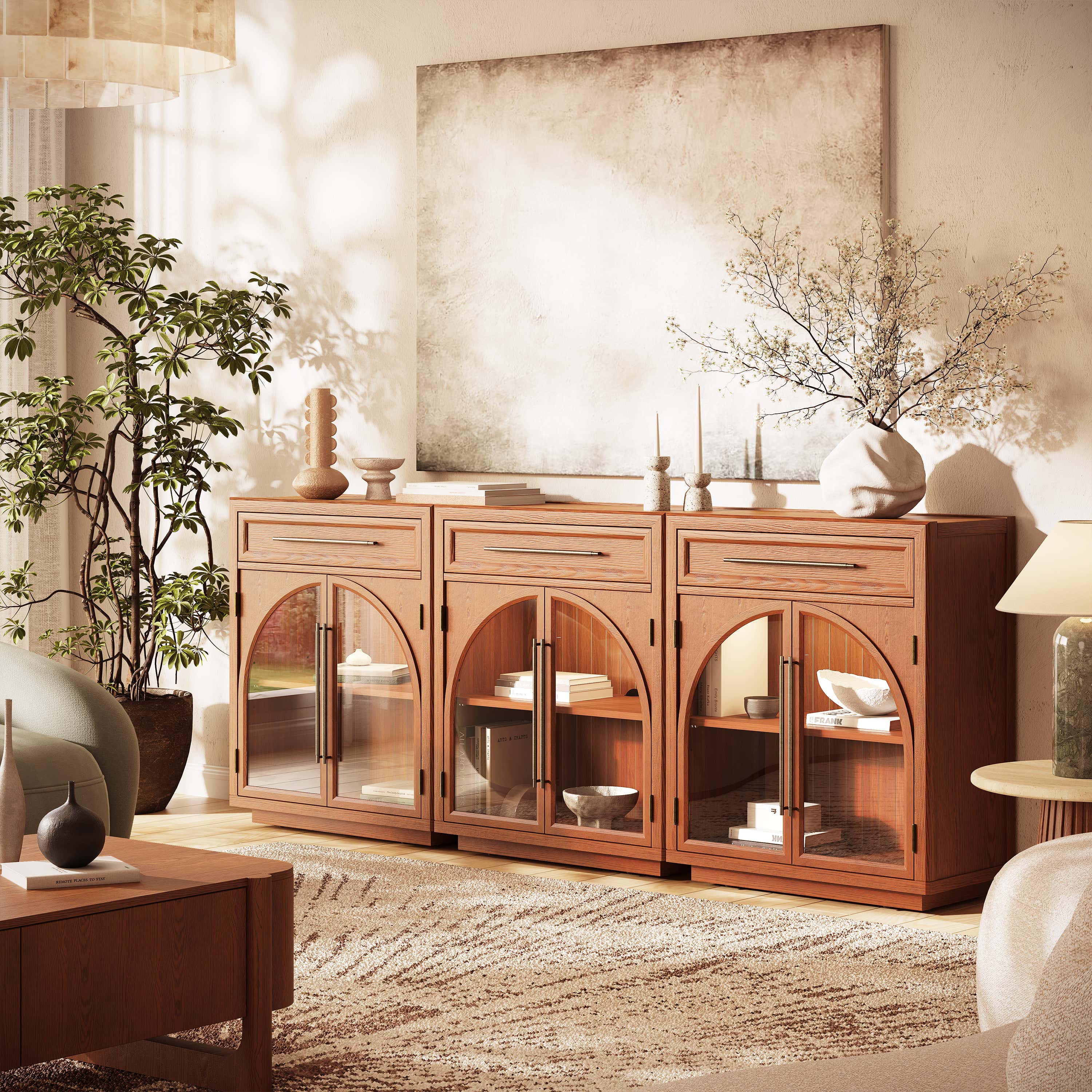 Alvar Arched 94.5" Oak Sideboard with Drawers(Set of 3)