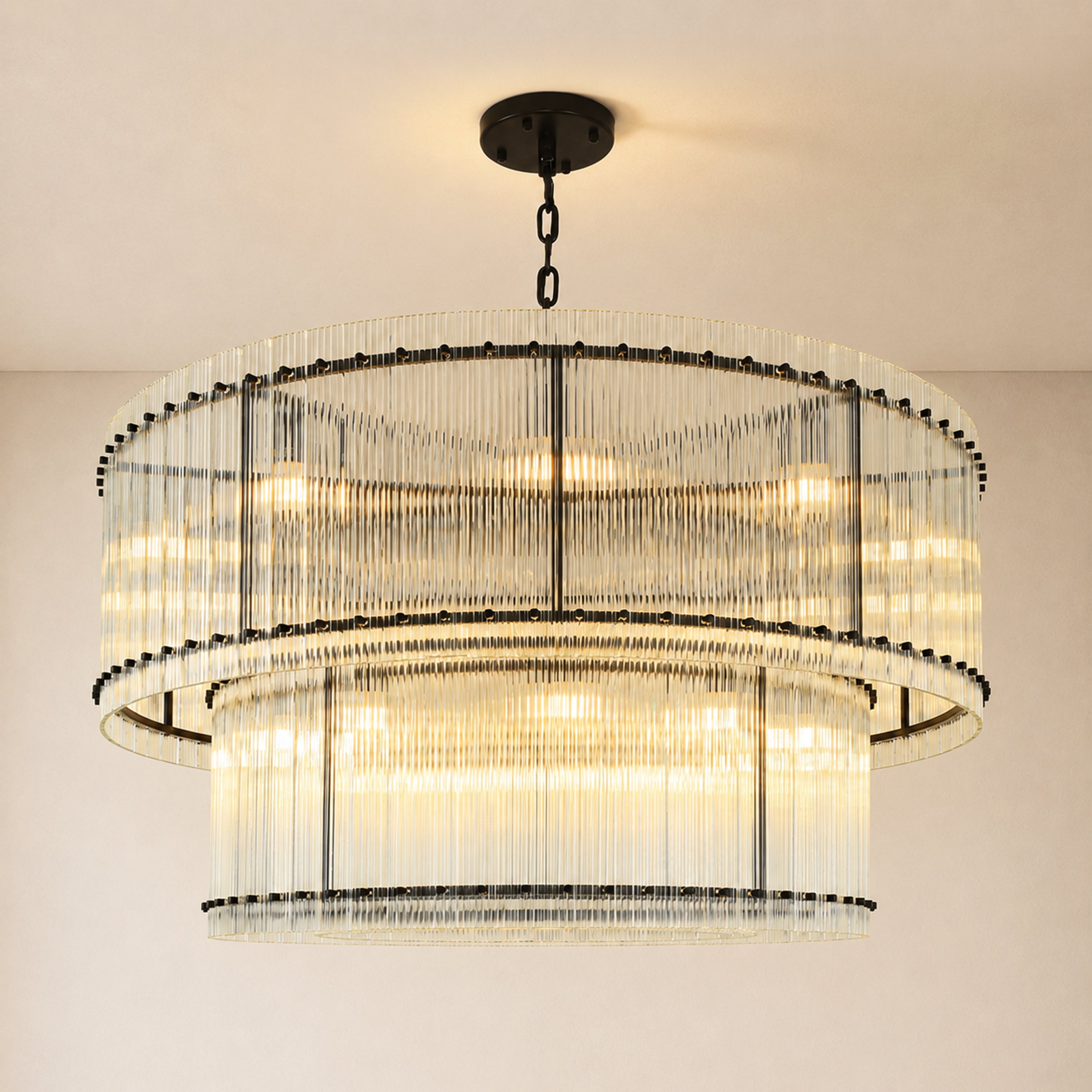 Solvayne Ribbed Glass Tiered Chandelier 48"D#Finish_Black