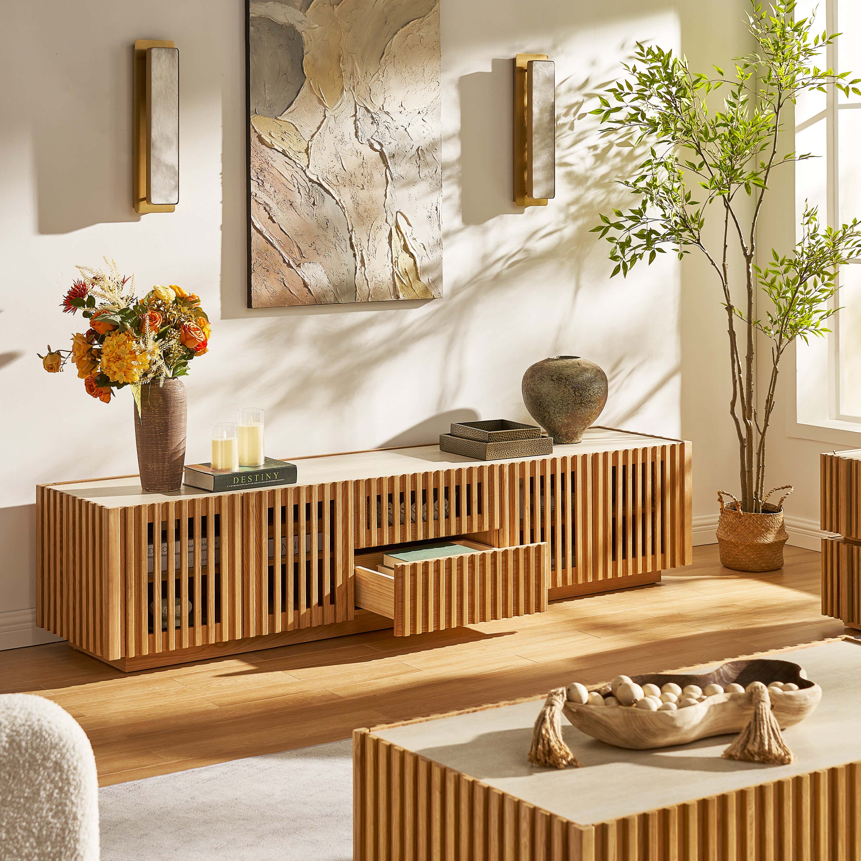 Isla Oak Sintered Stone Media Console And Coffee Table Set