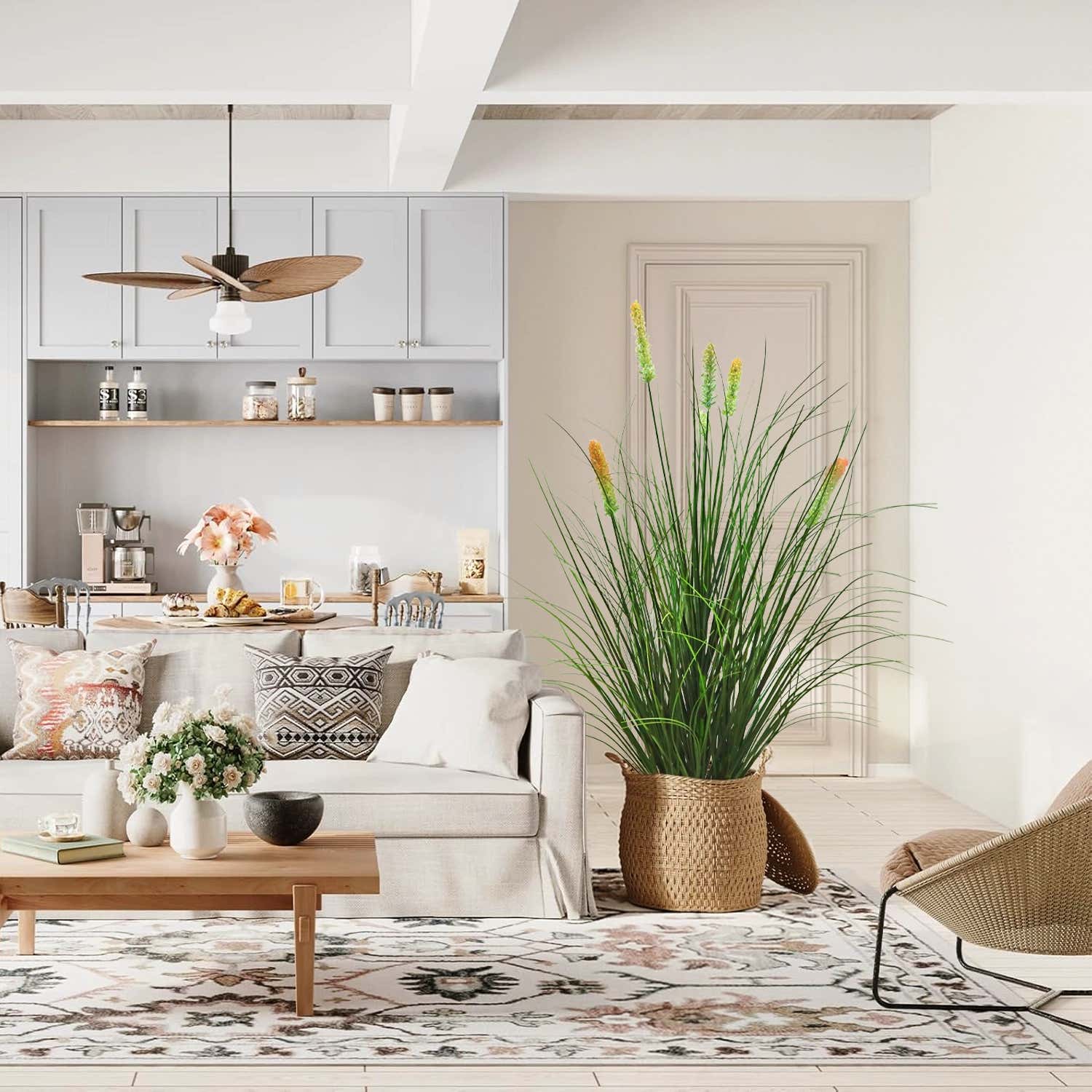 Artificial 6-Head Short Pine Grass with Curved Onion Grass Bonsai 76cm H